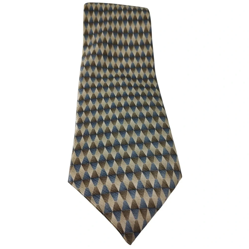 Stafford Silk Tie‎ Blue Brown Diamond Pattern Made In The USA 57x3.75 In
